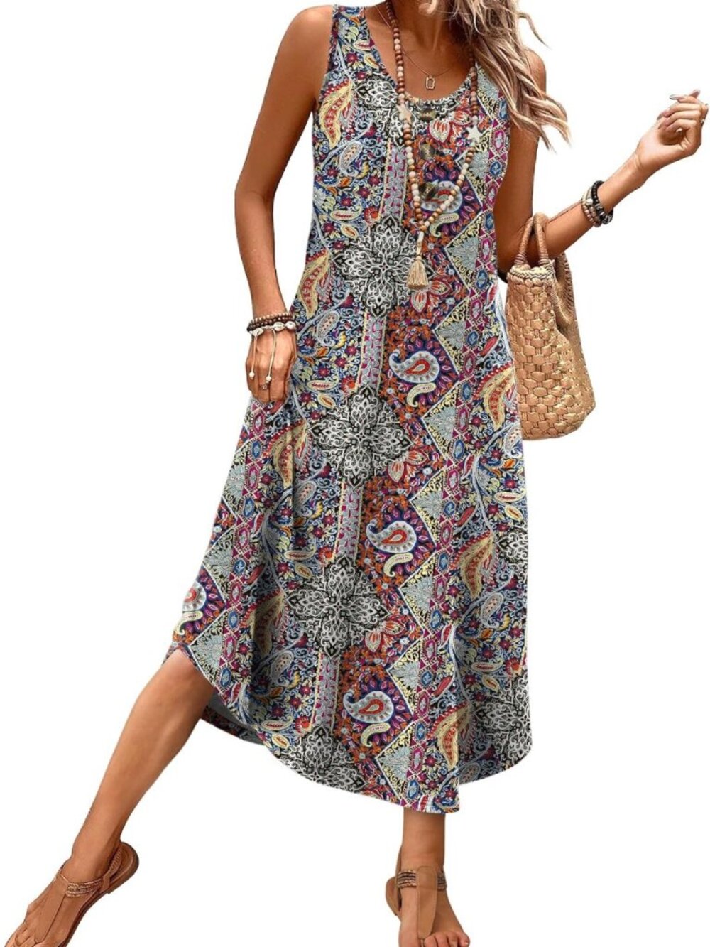 Casual Midi Dress with Pockets - Button Front Sleeveless Summer Sundress for
